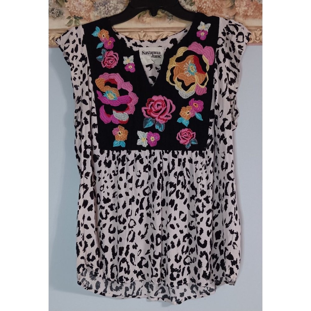 Savanna Jane Medium Floral Cheetah Embroidered Boho Colorful Boho Peasant Top